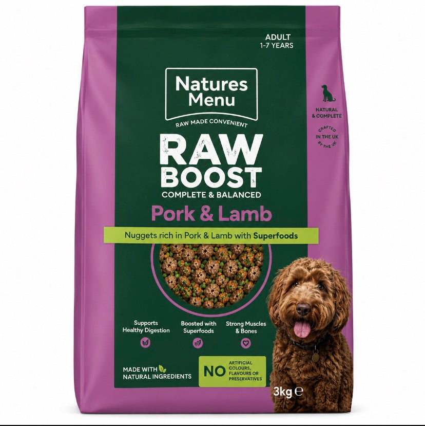 Natures menu Raw boost pork and lamb Kibble 3kg